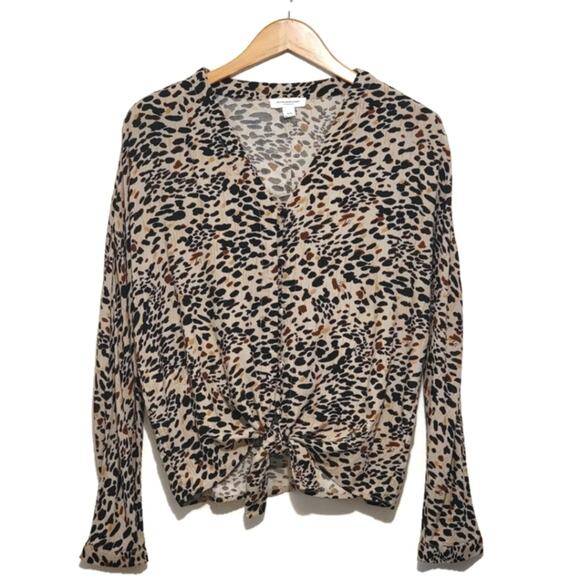 Beachlunchlounge Leopard V Neck Shirt Long Sleeve Button Down Tie Waist Chic M - Picture 2 of 11